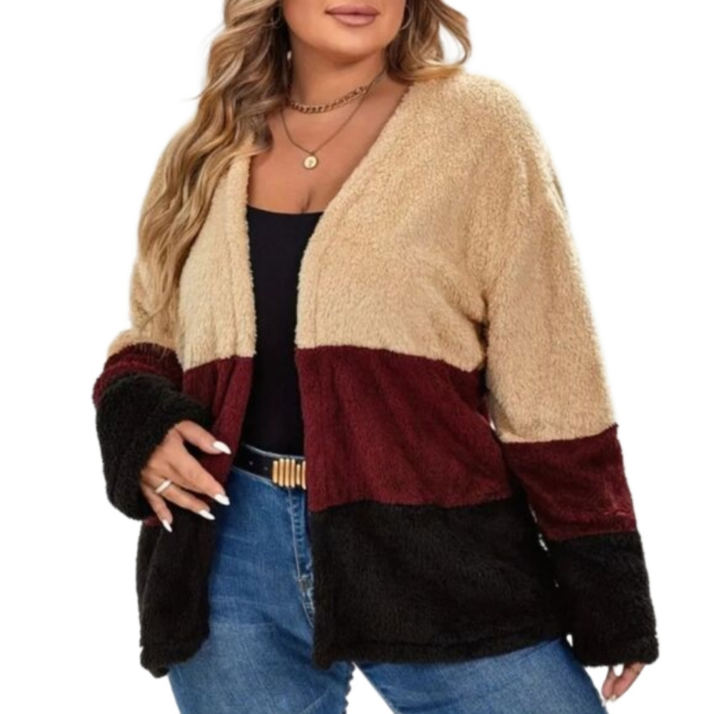 Plus size color block warm fluffy cardigan sz 0X
